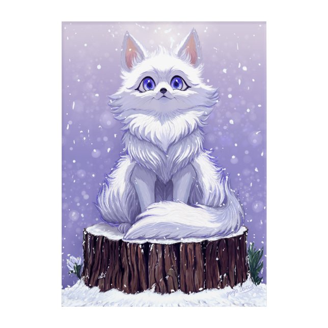 Winter Guardian :Whimsical Arctic Fox wildlife Acrylic Print (Front)