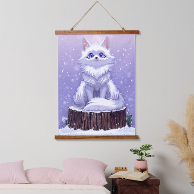 Winter Guardian :Whimsical Arctic Fox wildlife  Hanging Tapestry (Bedroom)