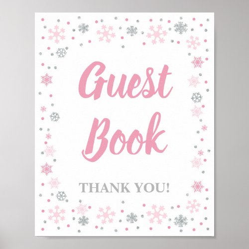 Winter Guest Book Sign Pink  Silver Snowflakes