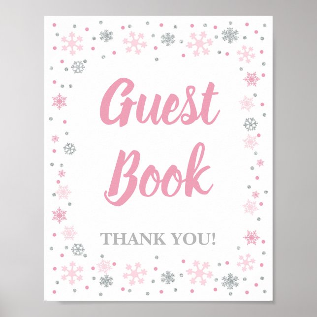 Winter Guest Book Sign Pink & Silver Snowflakes (Front)