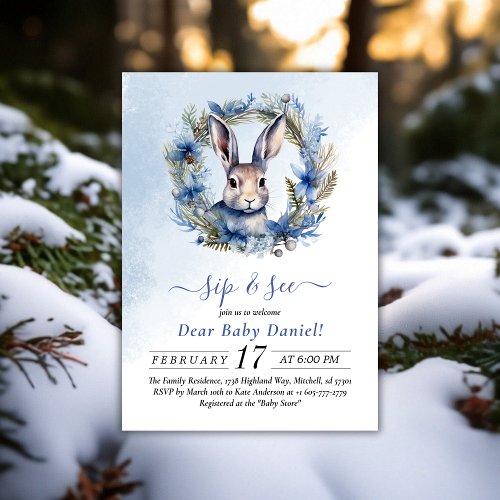 Winter Hare Watercolor Sip and See Invitation