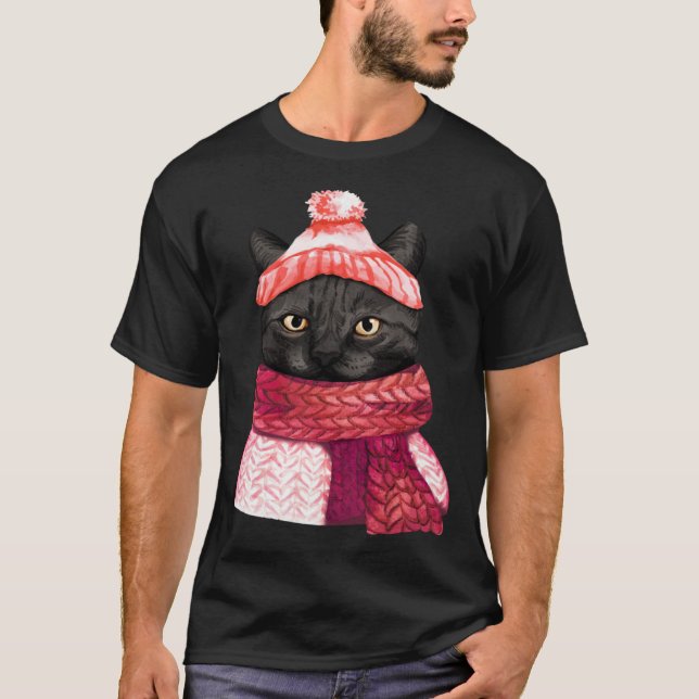 Winter Hat And Shawl Black Cat For Kitten T-Shirt (Front)