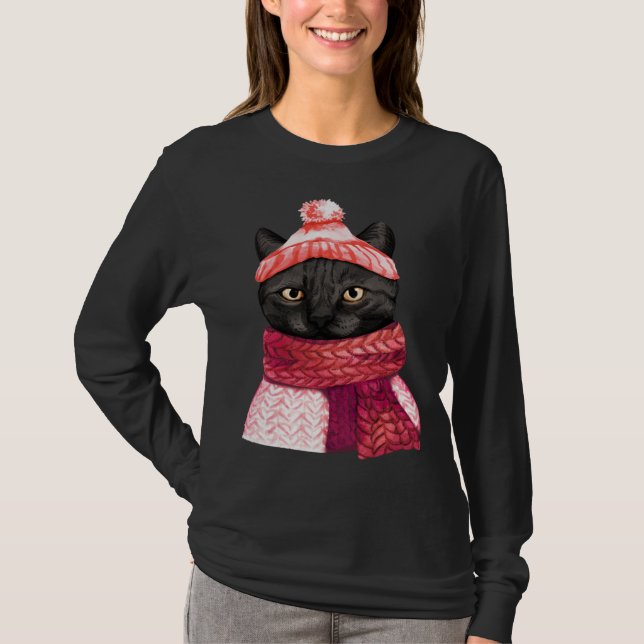Winter Hat And Shawl Black Cat For Kitten T-Shirt (Front)