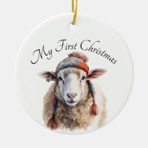 Winter Hat Christmas Sheep Custom Text Ceramic Ornament
