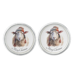 Winter Hat Christmas Sheep Custom Text Cufflinks