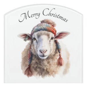 Winter Hat Christmas Sheep Custom Text Door Sign