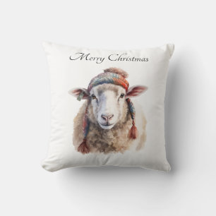 Winter Hat Christmas Sheep Custom Text Throw Pillow