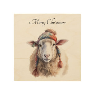 Winter Hat Christmas Sheep Custom Text Wood Wall Art