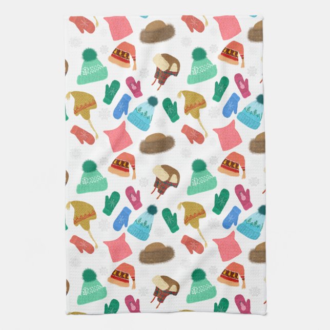 Winter Hats and Mittens - Hand-drawn Kitchen Towel (Vertical)