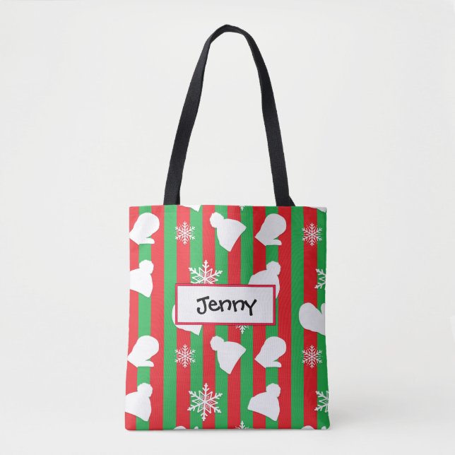 Winter Hats, Christmas Mittens and White Snowflake Tote Bag (Front)