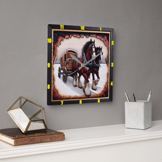 Winter Haul: Personalized Charred Wood Clydesdale Square Wall Clock (Office)
