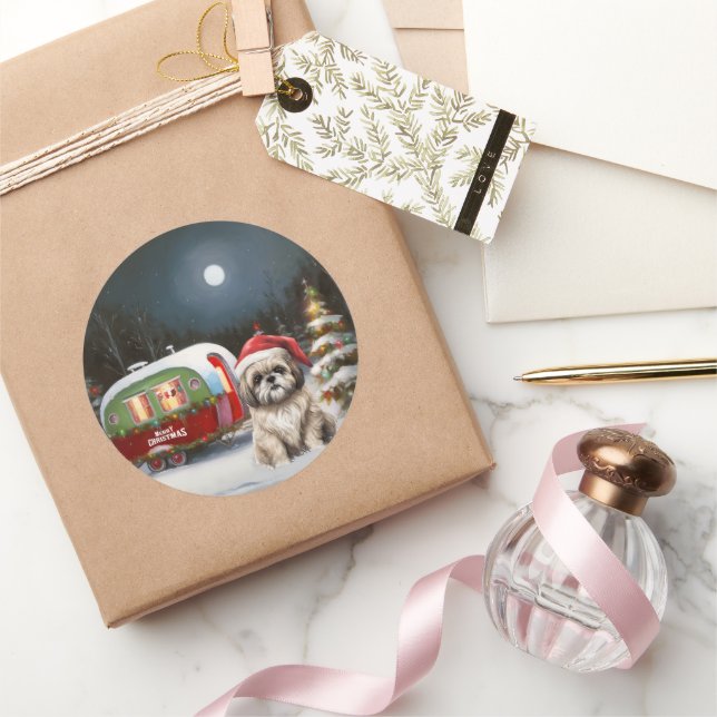 Winter Havanese Caravan Christmas Adventure Classic Round Sticker (Gifting)