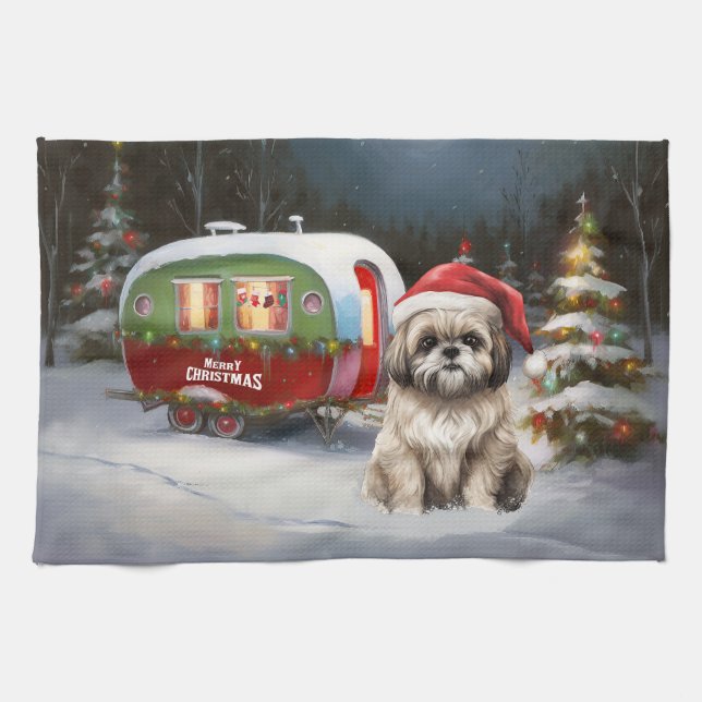Winter Havanese Caravan Christmas Adventure Kitchen Towel (Horizontal)