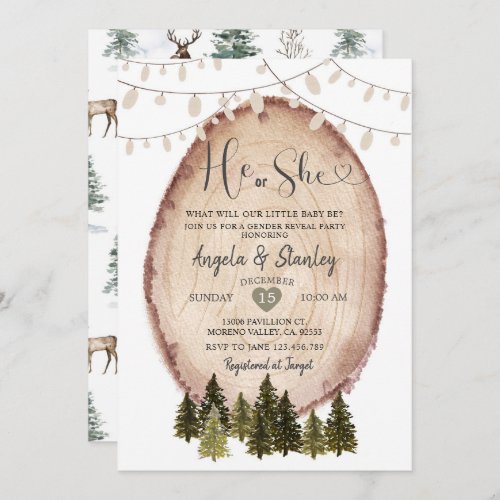 Winter He or She Gender Reveal Rustic Woodland Invitation