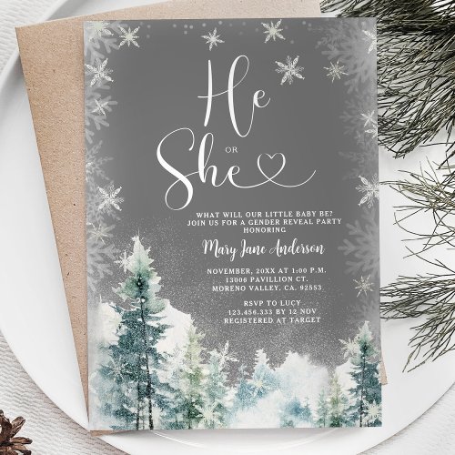 Winter He or She White Snowflakes Gender Reveal Invitation