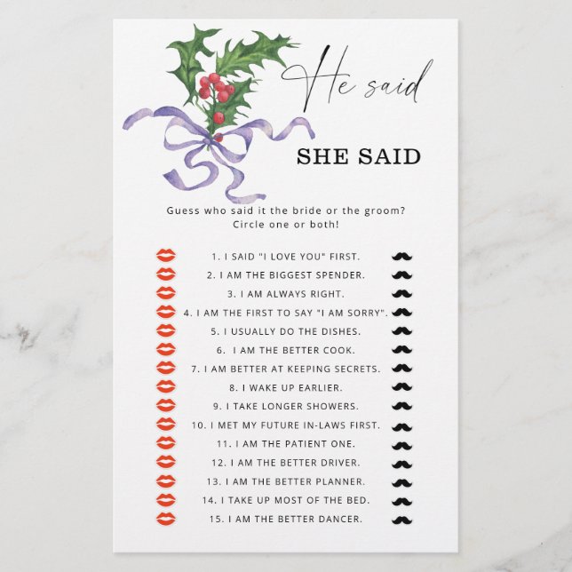 Winter He said she said bridal shower game (Front)