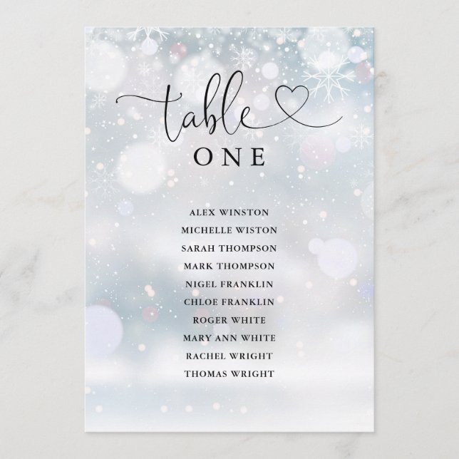Winter Heart Script Table Number Seating Chart (Front)