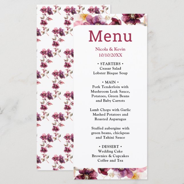 Winter Hellebore Floral Burgundy Wedding Menu (Front/Back)