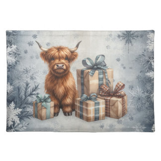 Winter Highland Cow Blue Gifts Cloth Placemat