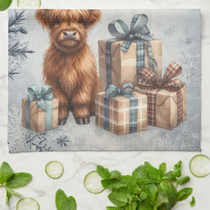Winter Highland Cow Blue Gifts Kitchen Towel