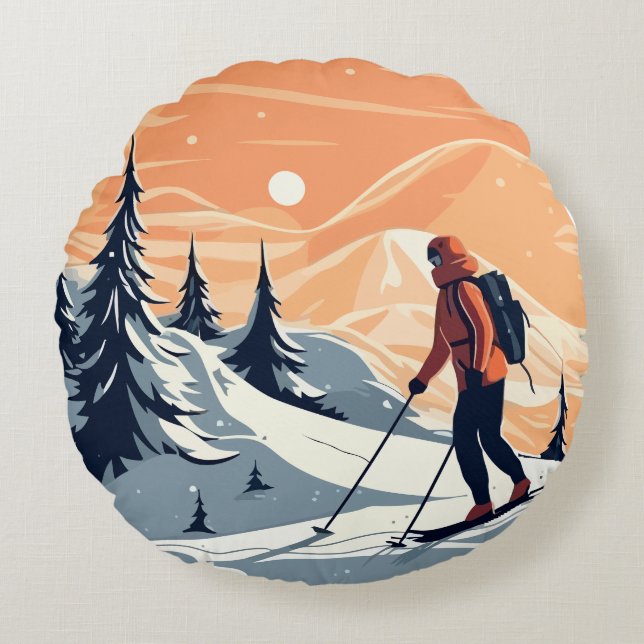 Winter Hiker Mountain Scene Round Pillow (Front)