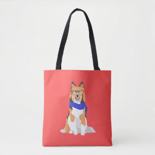 Winter Hipster Shetland Sheepdog with Blue Shawl Tote Bag