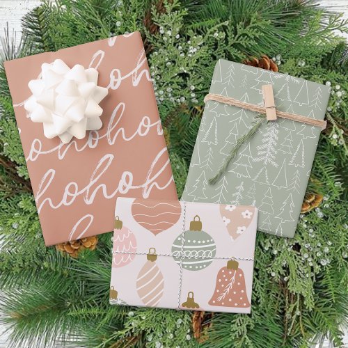 Winter HoHoHo Ornament Trees Pastel Christmas Wrapping Paper Sheets