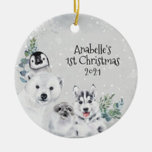 Winter Holiday Arctic Animal 1st Christmas  Ceramic Ornament