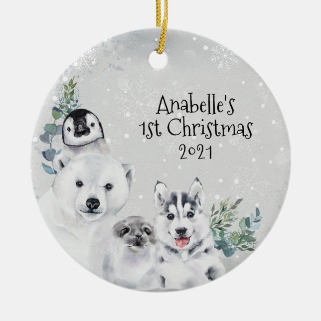 Winter Holiday Arctic Animal 1st Christmas  Ceramic Ornament (Front)
