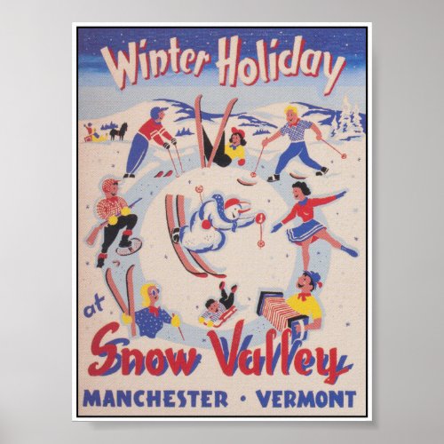 Winter Holiday at Snow Valley Vermont Vintage Ski Poster