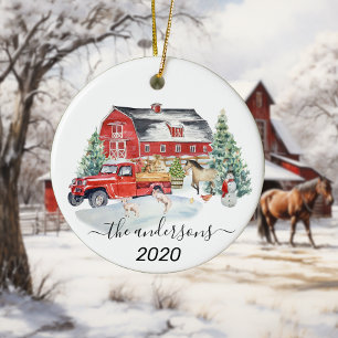 Winter Holiday Barn Farm Animals Handwritten name Ceramic Ornament