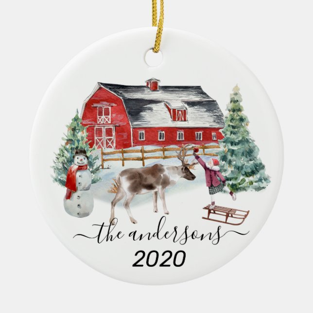 Winter Holiday Barn Reindeer Girl Handwritten name Ceramic Ornament (Front)