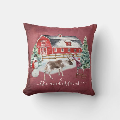 Winter Holiday Barn Reindeer Girl Handwritten name Throw Pillow