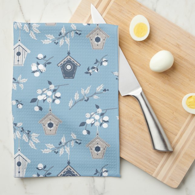 Winter Holiday Birds & Birdhouses Kitchen Towel (Quarter Fold)