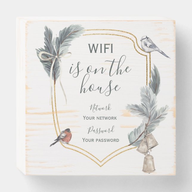 Winter Holiday Birds Guest WiFi Wooden Box Sign (Front Horizontal)