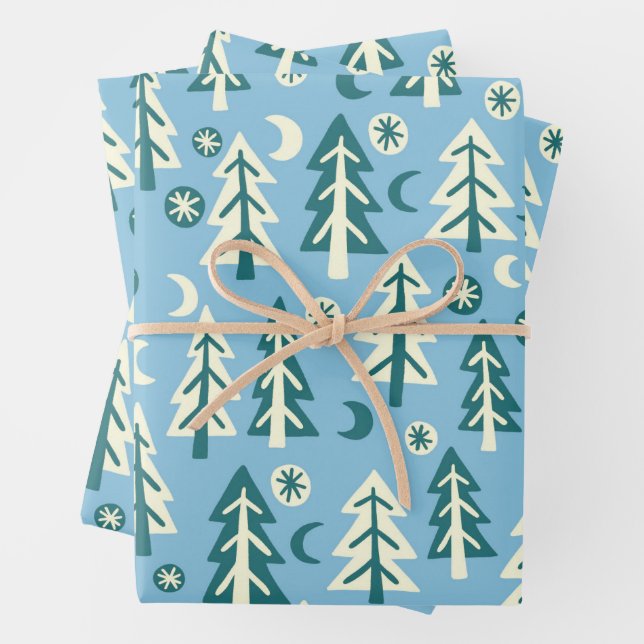 Winter Holiday Blue Green Trees Pattern Gift Wrapping Paper Sheets (In situ)