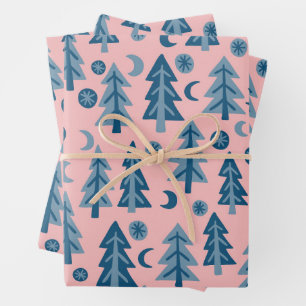 Winter Holiday Blue Pink Trees Pattern Gift Wrapping Paper Sheets