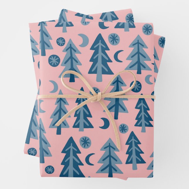 Winter Holiday Blue Pink Trees Pattern Gift Wrapping Paper Sheets (In situ)