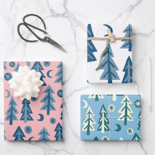 Winter Holiday Blue Trees Patterns Variety Gift Wrapping Paper Sheets