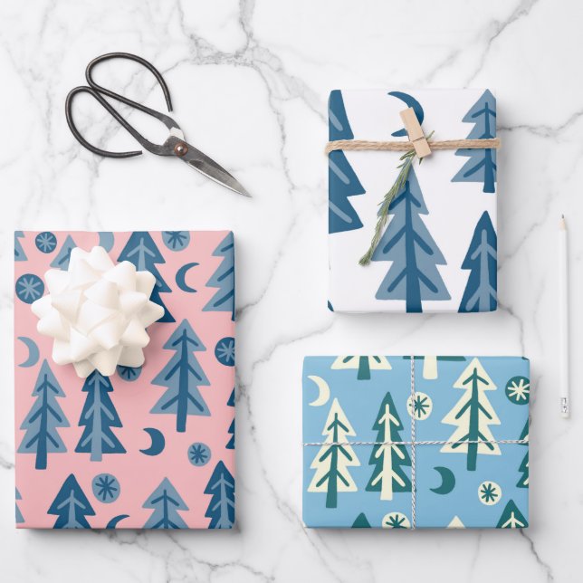 Winter Holiday Blue Trees Patterns Variety Gift Wrapping Paper Sheets (Front)
