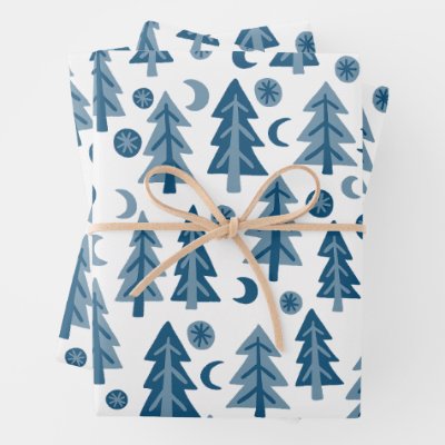 Winter Holiday Blue White Trees Pattern Gift Wrapping Paper Sheets