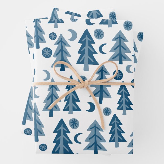 Winter Holiday Blue White Trees Pattern Gift Wrapping Paper Sheets (In situ)