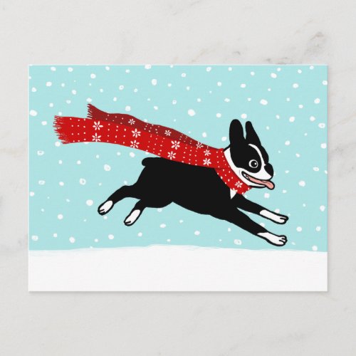 Winter Holiday Boston Terrier Wearing Red Scarf