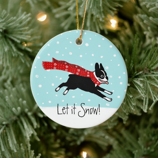 Winter Holiday Boston Terrier Wearing Red Scarf Ceramic Ornament (Tree)