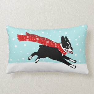 Winter Holiday Boston Terrier Wearing Red Scarf Lumbar Pillow