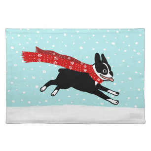 Winter Holiday Boston Terrier Wearing Red Scarf Placemat