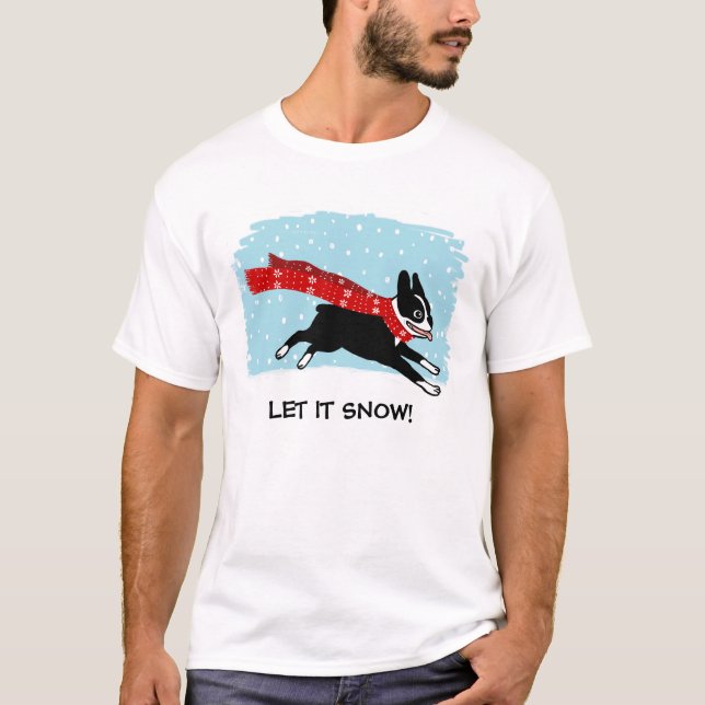Winter Holiday Boston Terrier Wearing Red Scarf T-Shirt (Front)