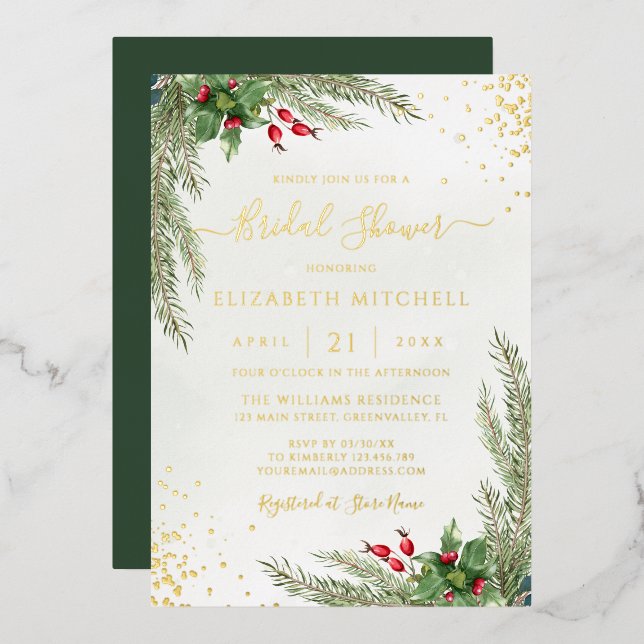 Winter Holiday Botanical Greenery Bridal Shower Foil Invitation (Front/Back)
