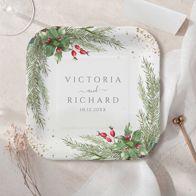 Winter Holiday Botanical Greenery Glitter Wedding Paper Plates (Creator Uploaded)