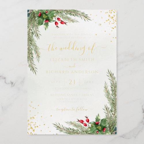 Winter Holiday Botanical Greenery Wedding Foil Invitation